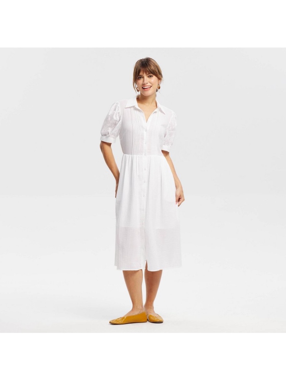 Universal Thread White Button-Down Puff Sleeve Midi Dress